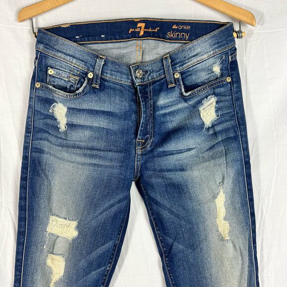 7 For All Mankind Blue Distressed Straight Leg Jeans - Picture 2 of 10